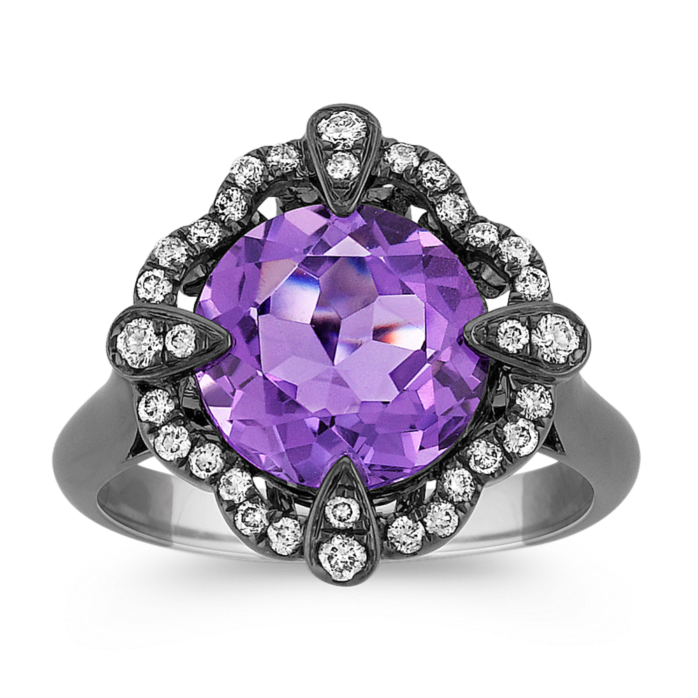 Amethyst and Round Diamond Ring with Black Rhodium