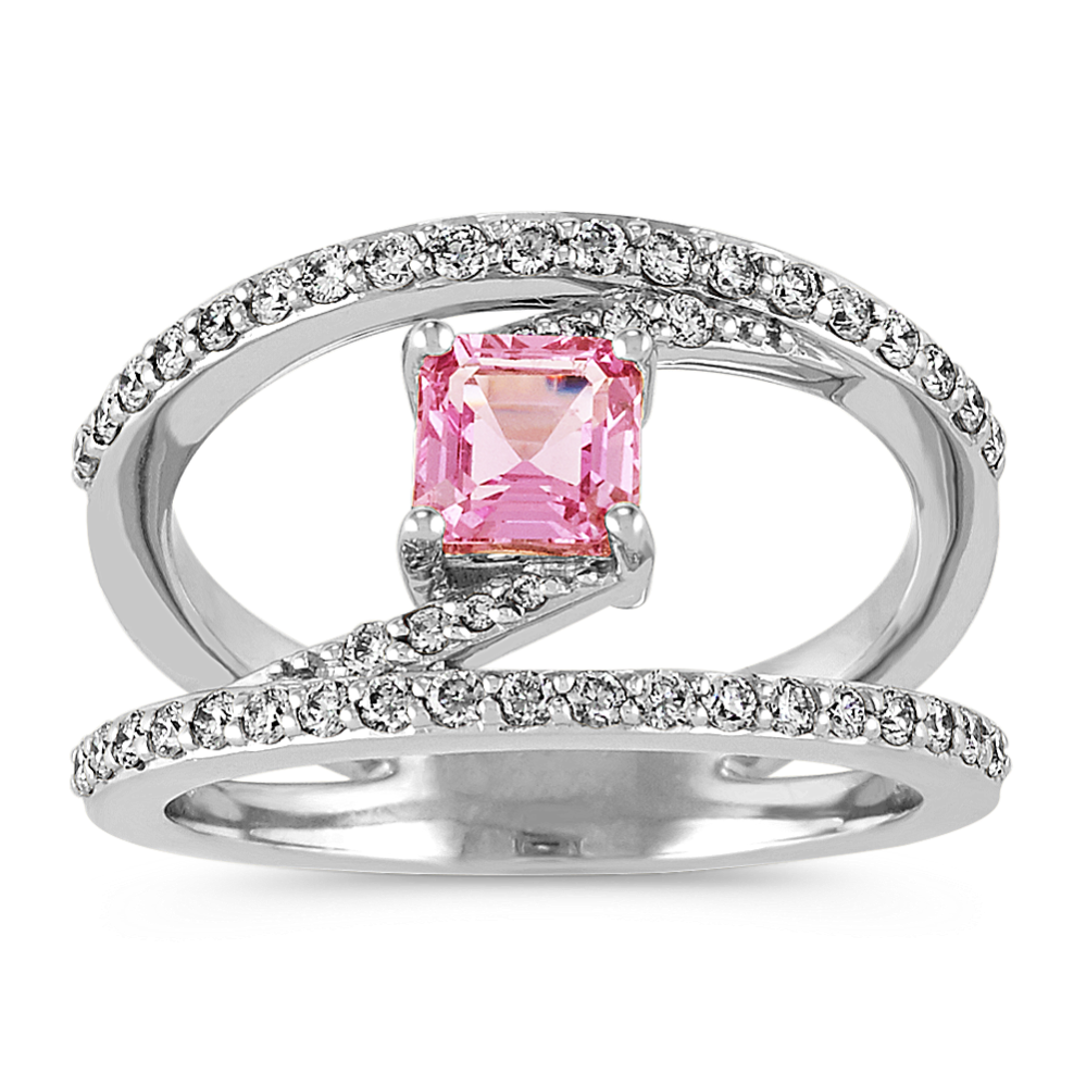 Asscher Cut Pink Sapphire and Diamond Ring in 14k White Gold