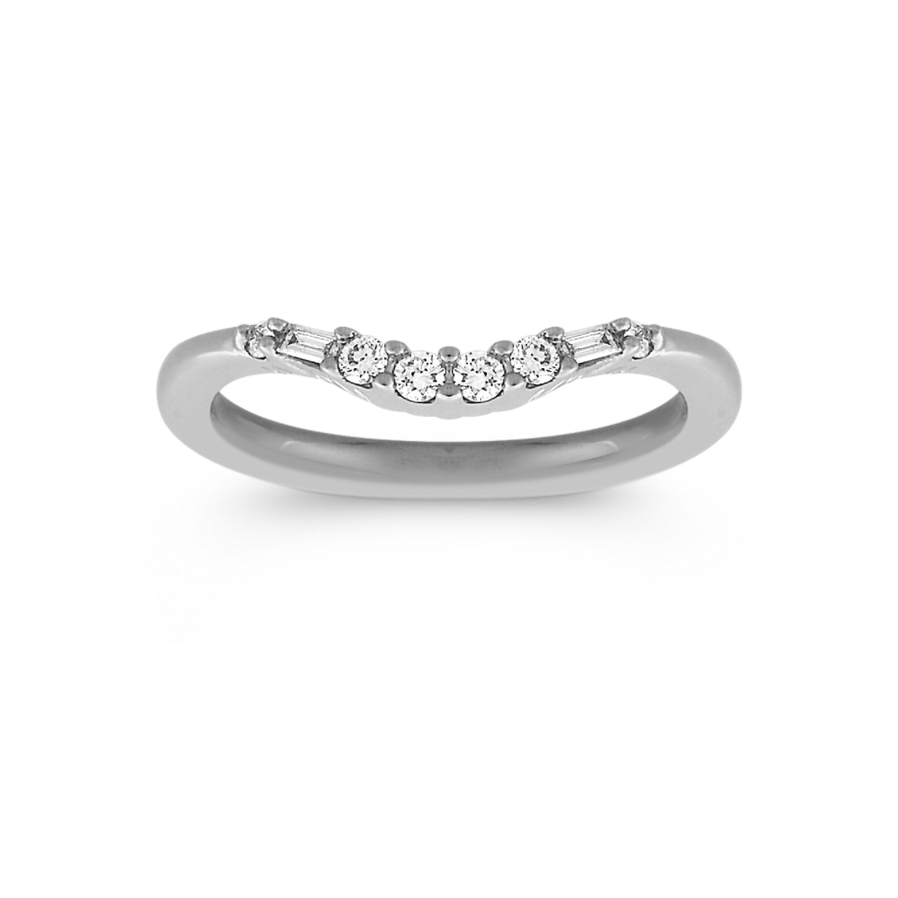 Baguette and Round Natural Diamond Contour Wedding Band in 14k White Gold
