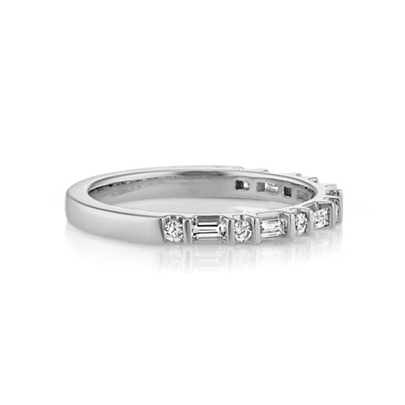 Baguette and Round Diamond Wedding Band in 14k White Gold | Shane Co.