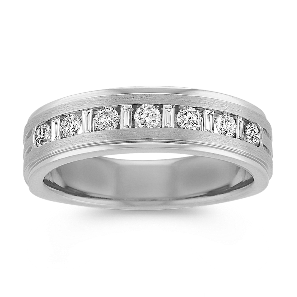 Baguette and Round Diamond Wedding Band in White Gold