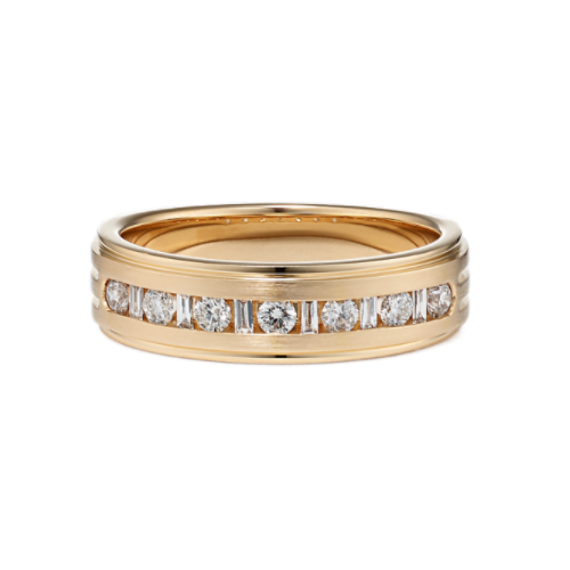 Baguette and Round Diamond Wedding Band in Yellow Gold