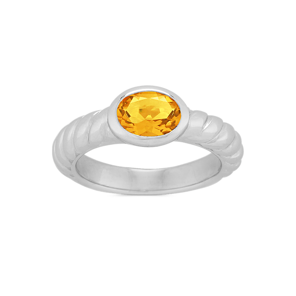 Bezel-Set Natural Citrine Grooved Ring in Sterling Silver