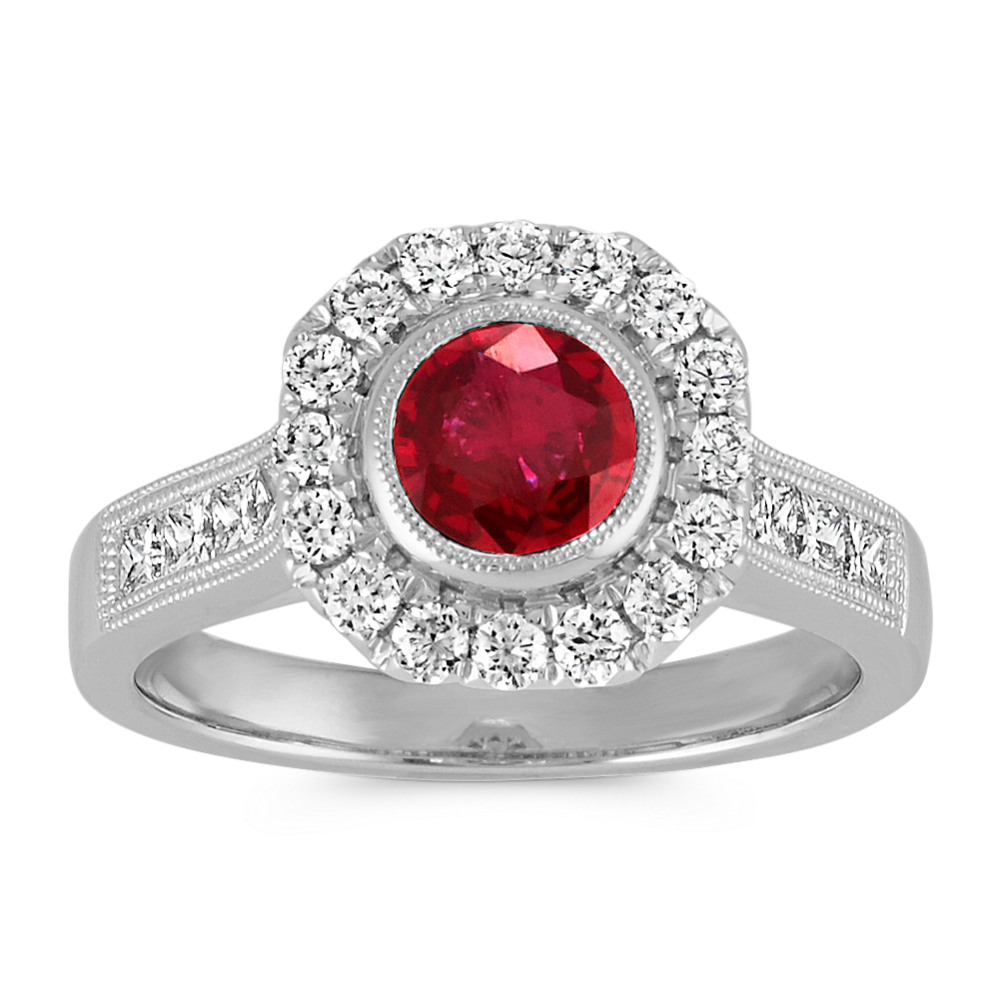 Bezel-Set Round Ruby, Round and Princess Cut Diamond Ring