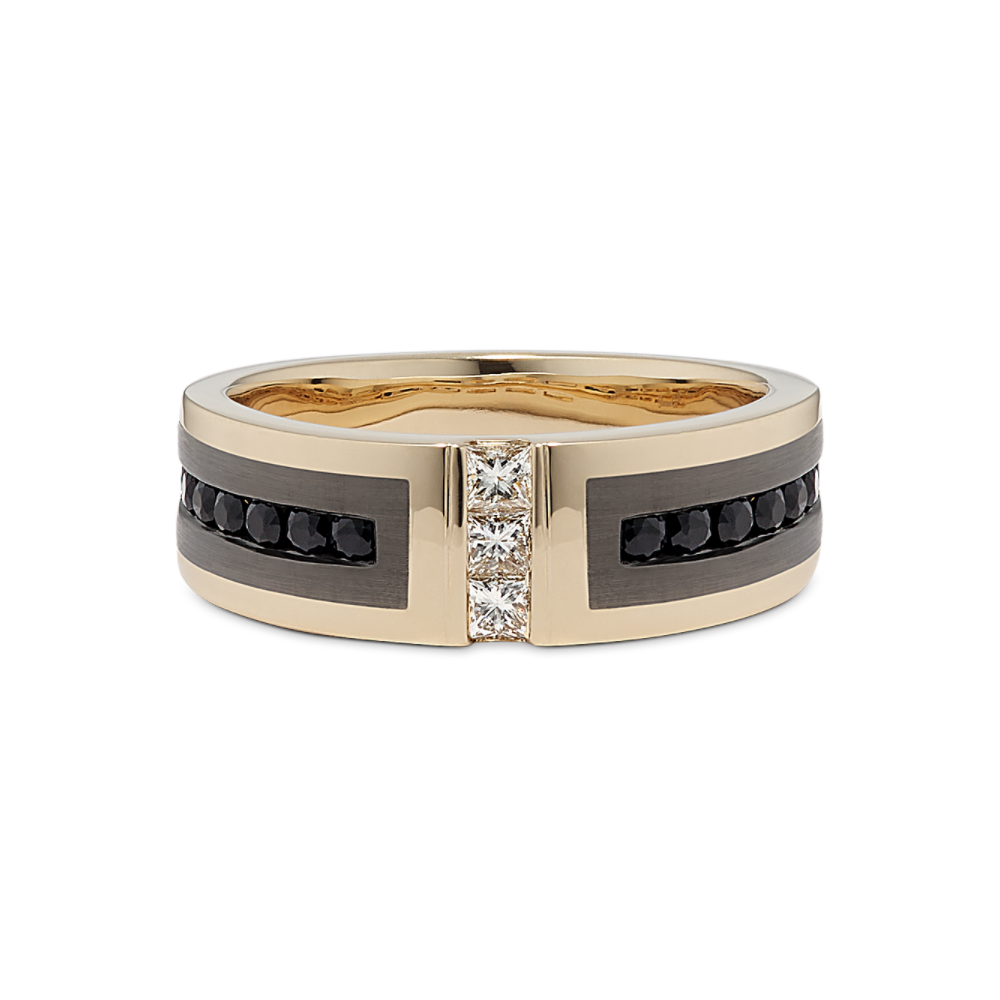 Black Natural Sapphire and Natural Diamond Mens Band in 14k Yellow Gold (7mm)