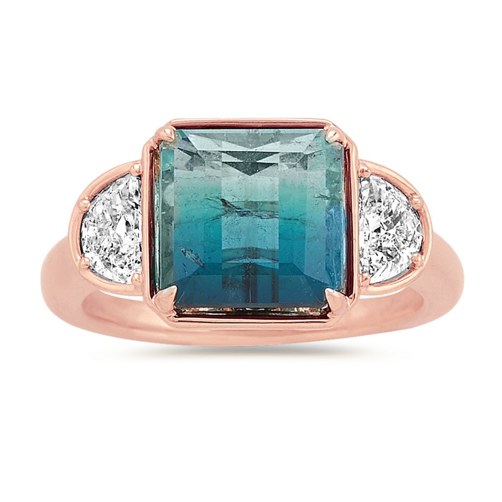 Blue Green Brazilian Tourmaline and Half Moon Diamond Ring