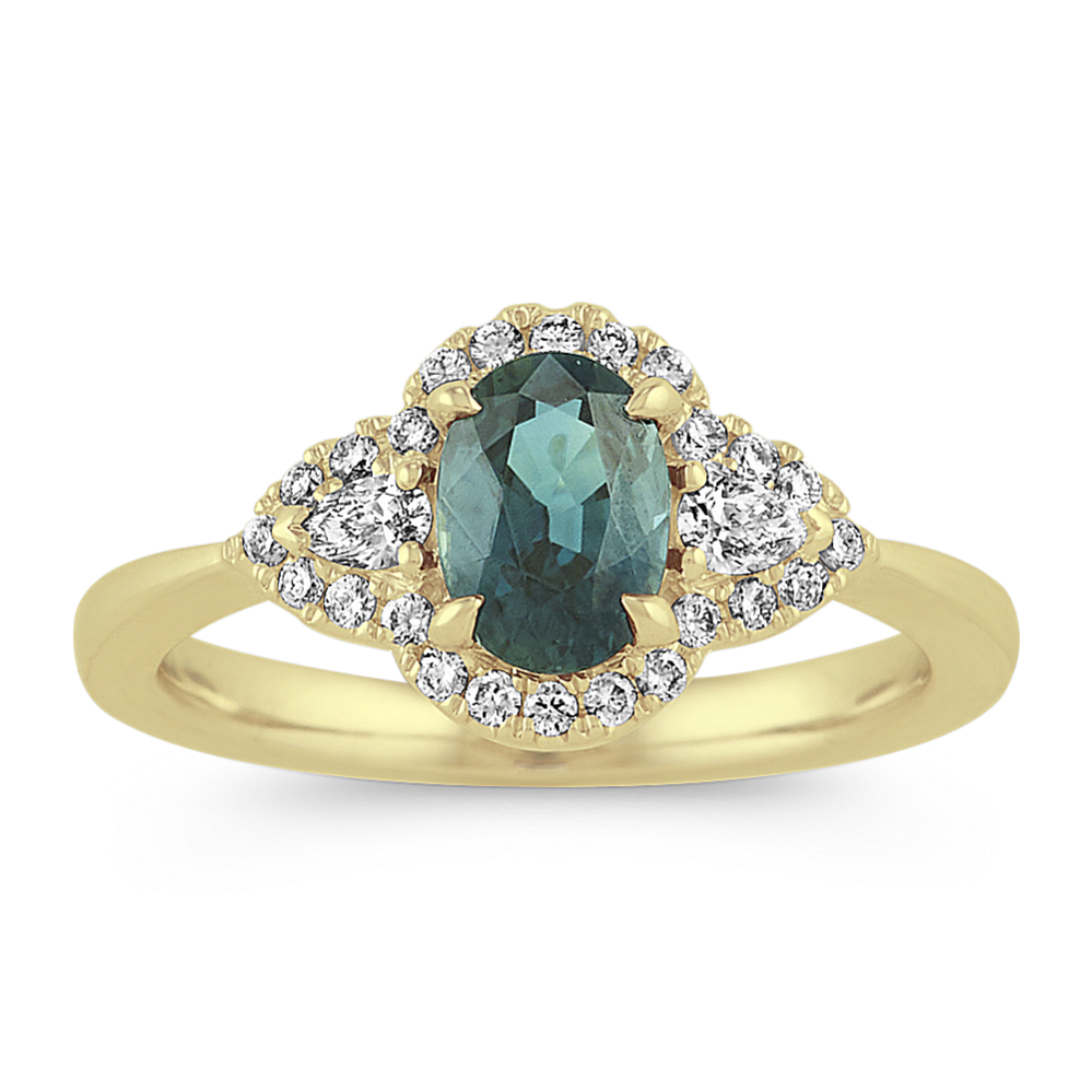 Blue-Green Sapphire and Diamond Ring