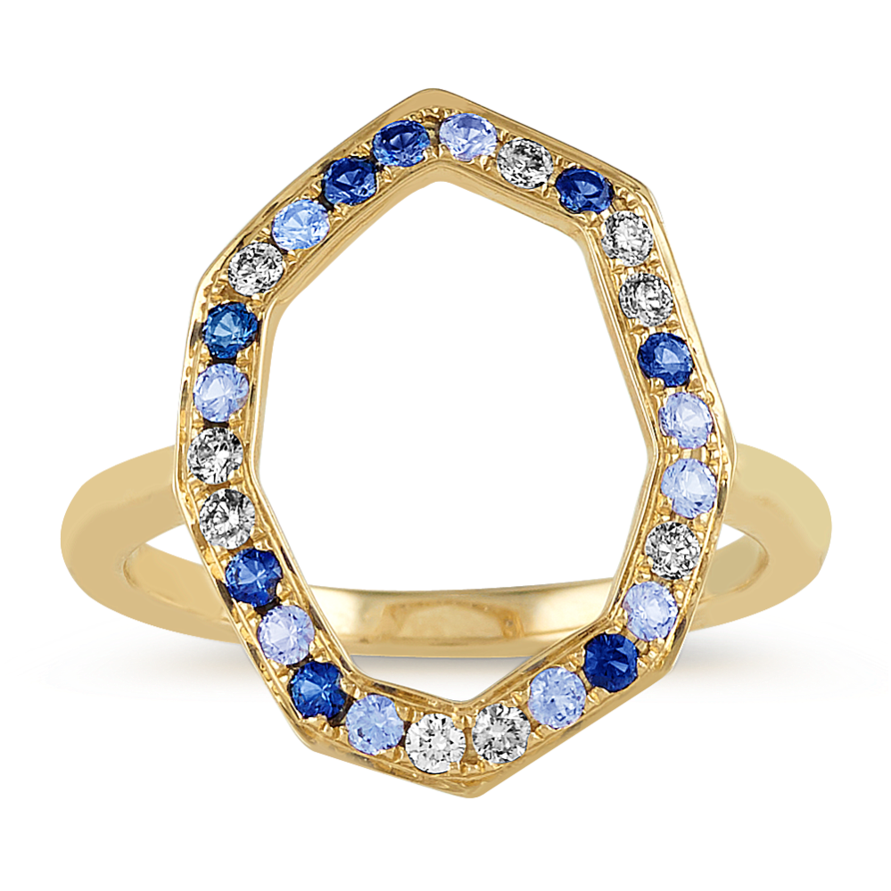 Blue Sapphire and Diamond Geometric Ring
