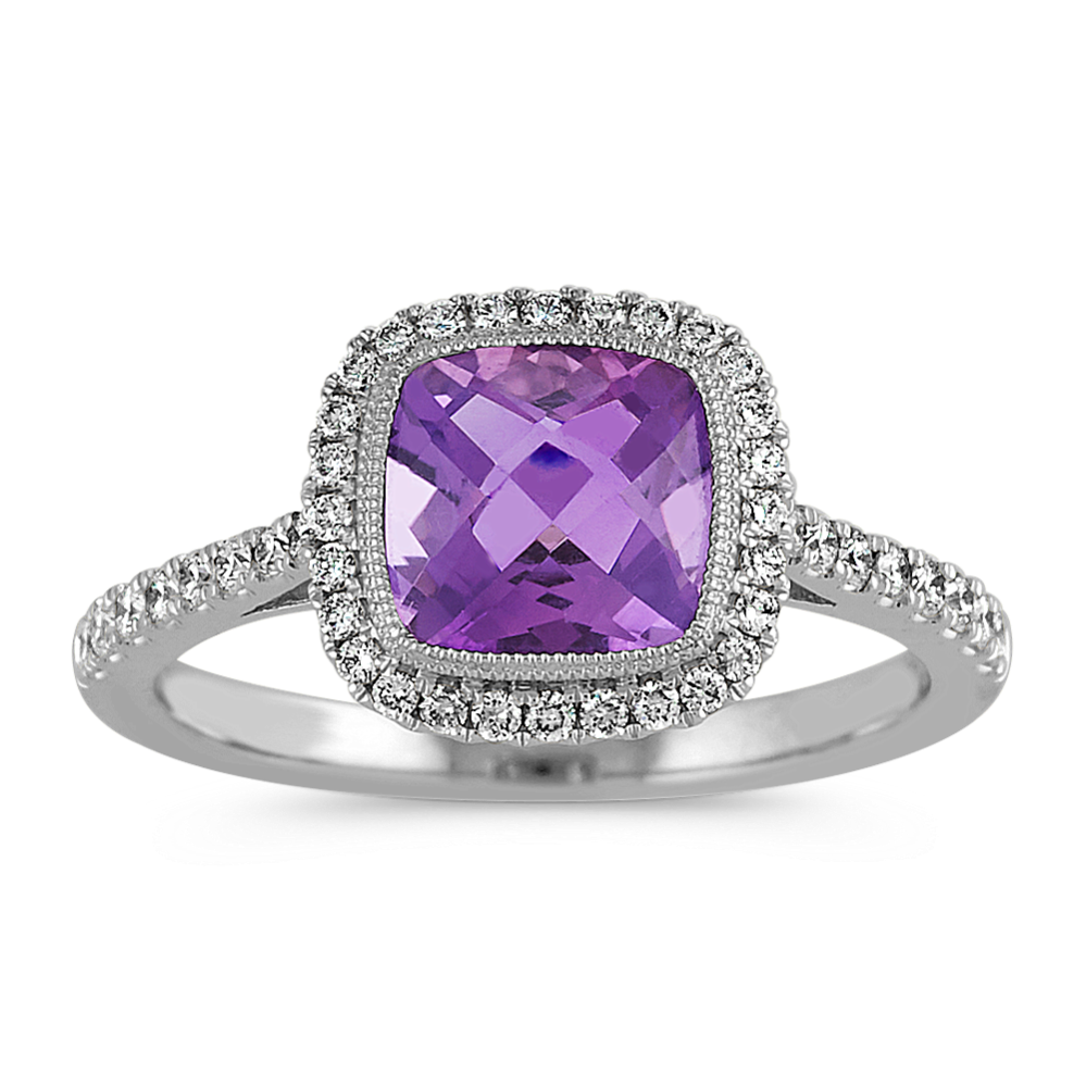 Checkerboard Cushion Cut Amethyst and Diamond Ring
