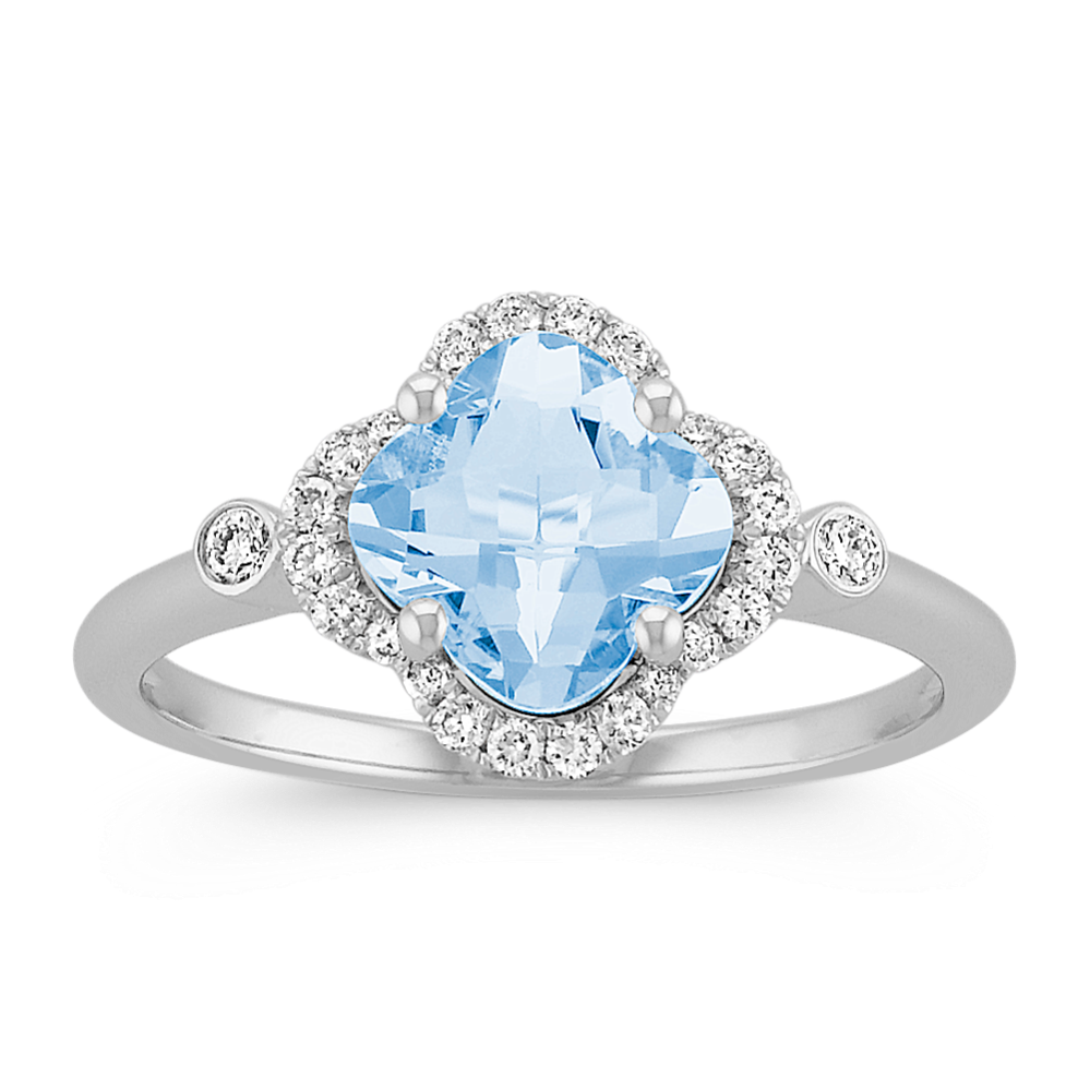 Clover-Shaped Aquamarine and Round Diamond Ring in 14k White Gold