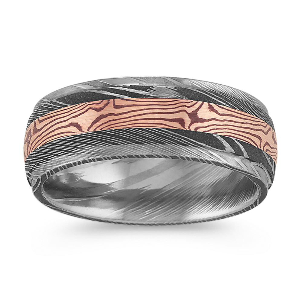 Contemporary Damascus Steel Ring with 14k Rose Gold Accent (8mm)