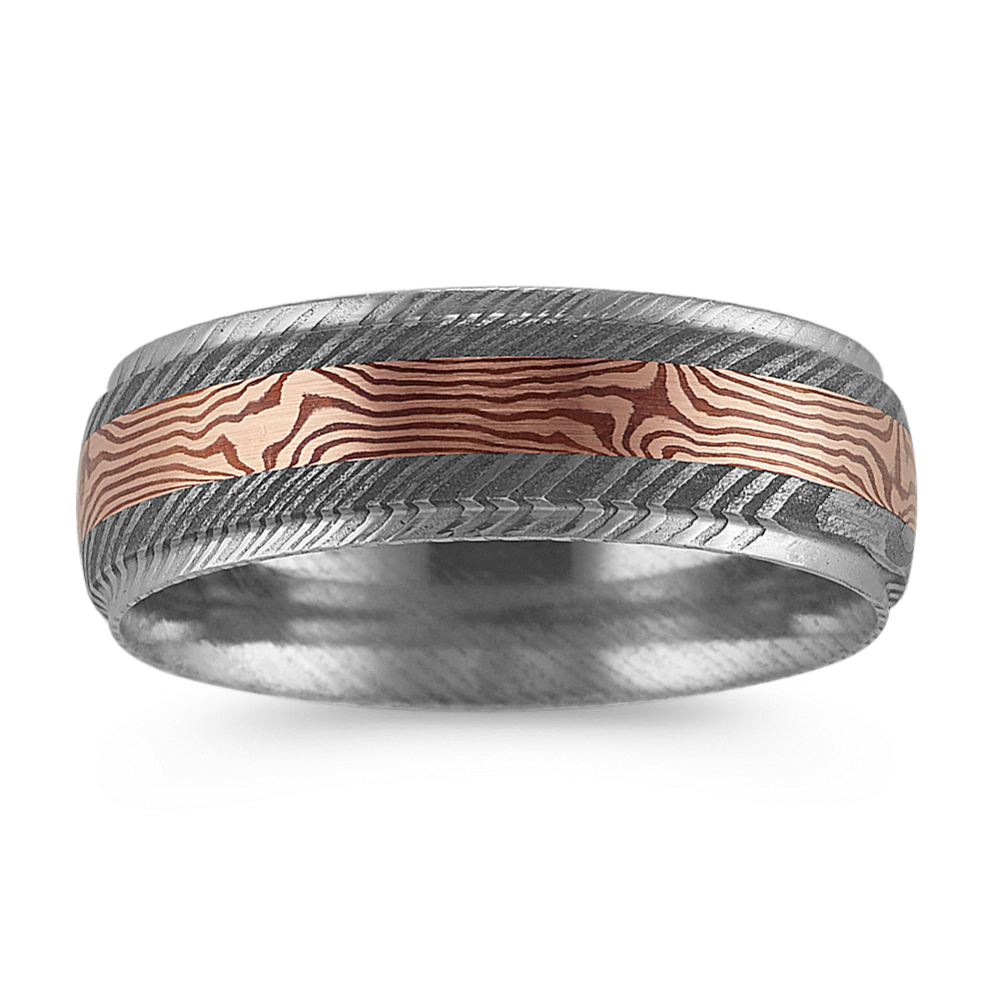 Contemporary Damascus Steel Ring with 14k Rose Gold Accent (8mm)