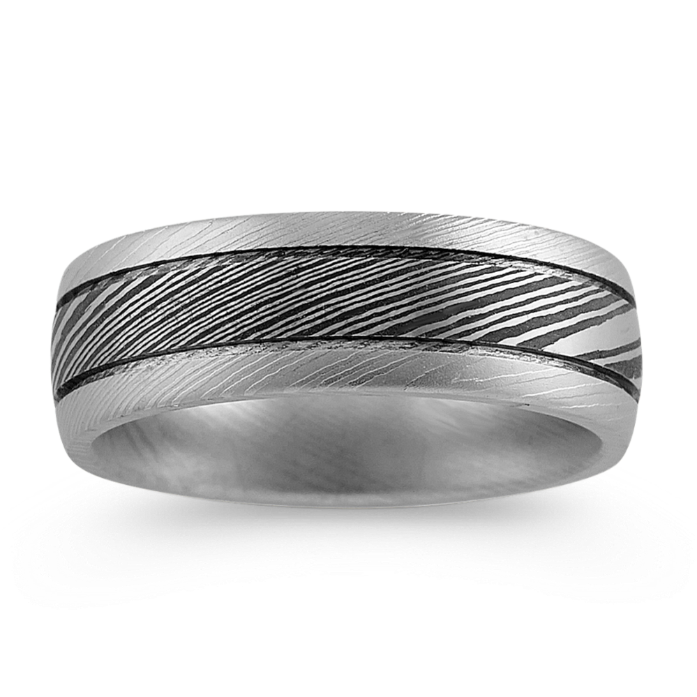 Contemporary Damascus Steel Ring with Texture Accent (7mm)