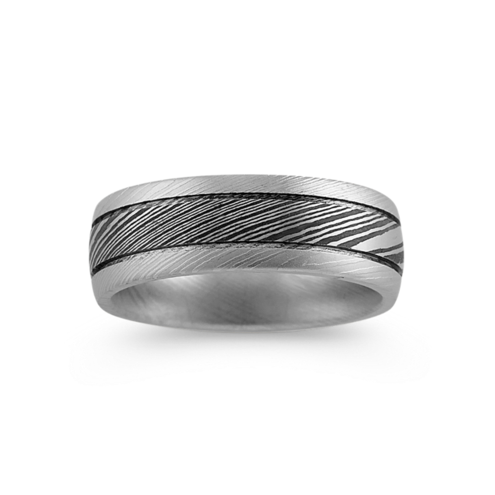 Contemporary Damascus Steel Ring with Texture Accent (7mm)