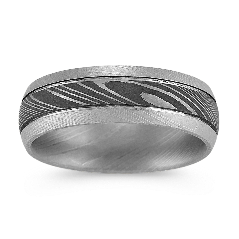 Contemporary Damascus Steel Ring with Texture Accent (7mm)