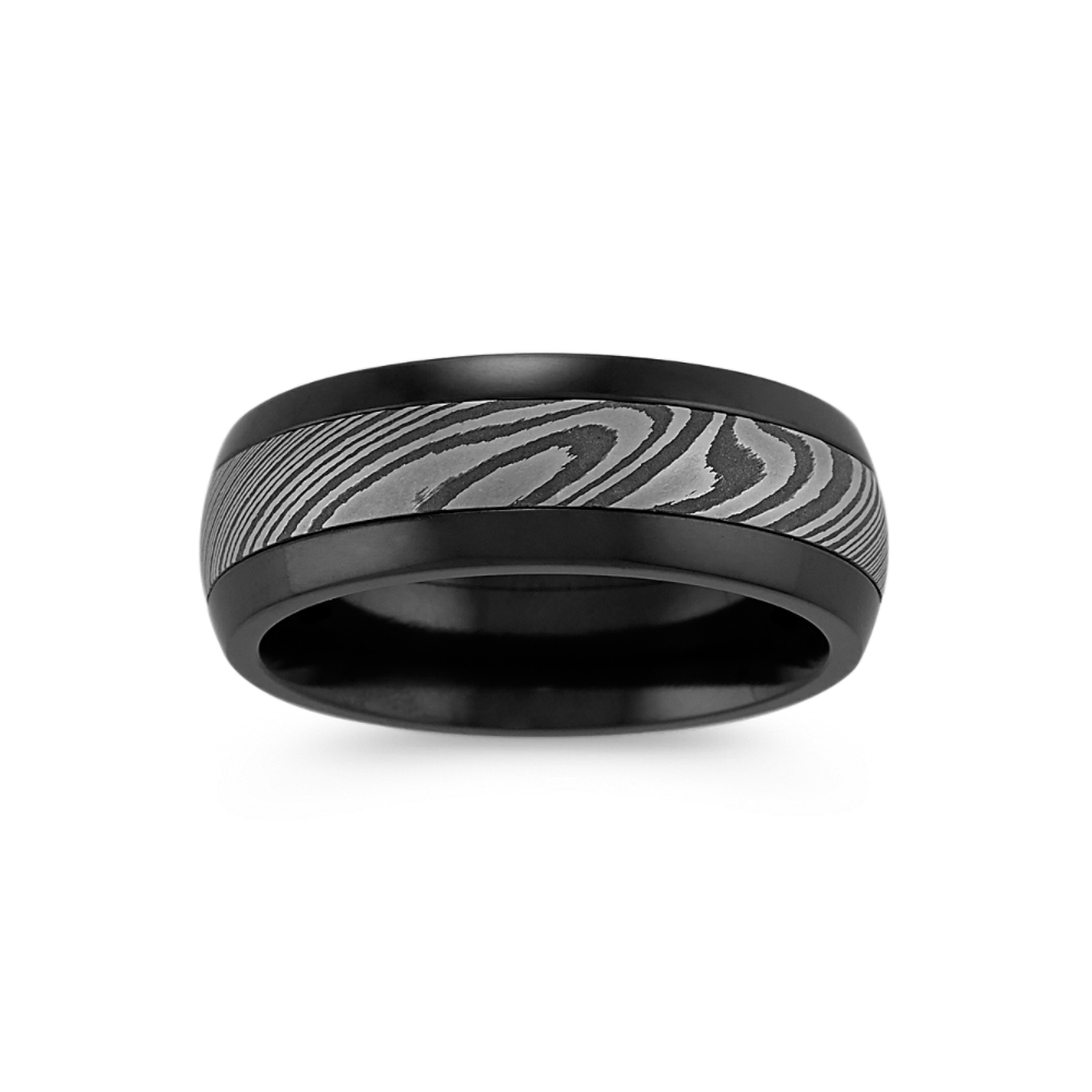 Contemporary Damascus Steel and Black Zirconium Mens Ring (8mm)