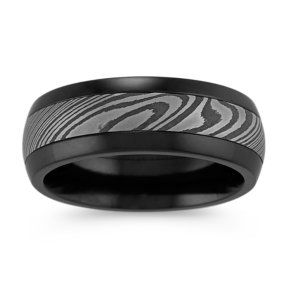 Contemporary Damascus Steel and Black Zirconium Mens Ring (8mm)