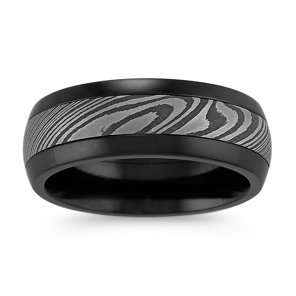 Contemporary Damascus Steel And Black Zirconium Mens Ring 8mm Shane Co