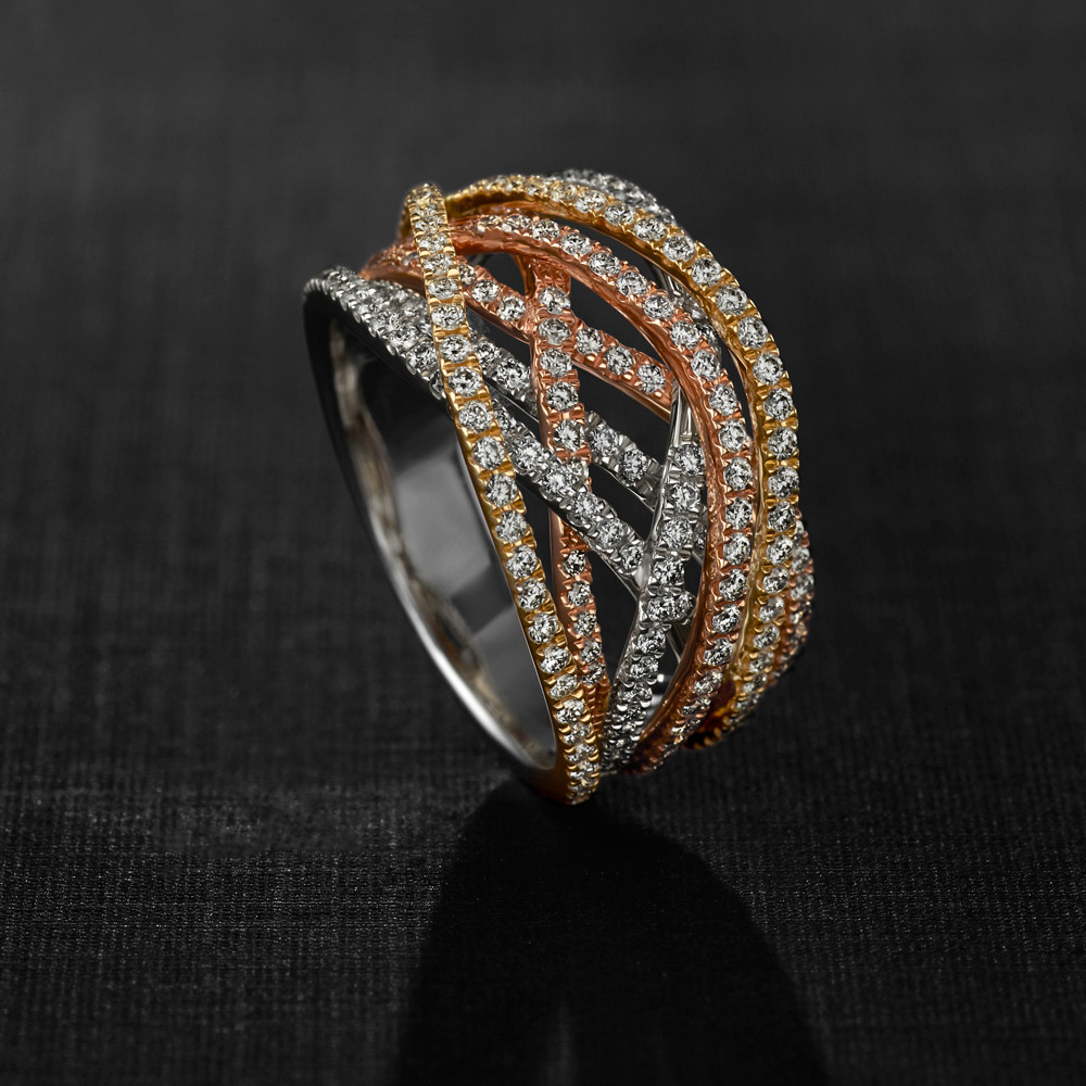 Contemporary Diamond Crisscross Ring in 14k Yellow, White and Rose Gold ...