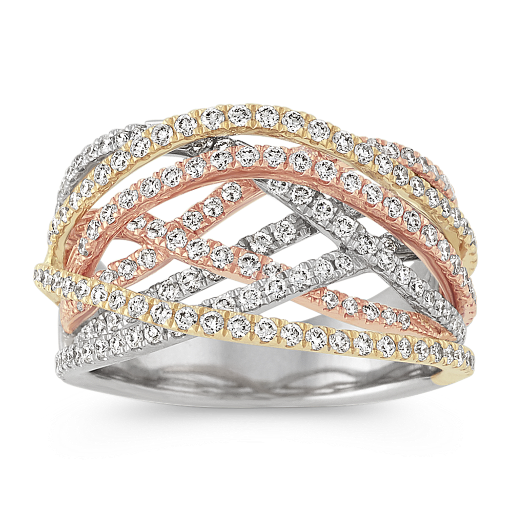 Contemporary Diamond Crisscross Ring in 14k Yellow, White and Rose Gold