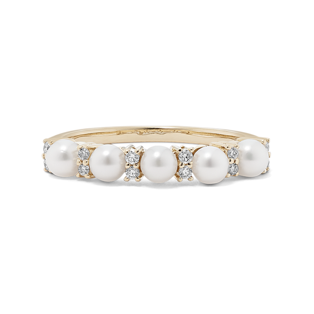 Annecy 3mm Cultured Akoya Pearl and Natural Diamond Ring in 14K Yellow Gold
