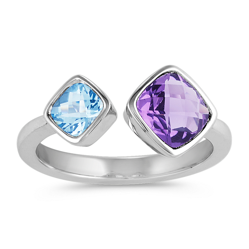 Cushion Cut Amethyst and Aquamarine Open Fashion Ring