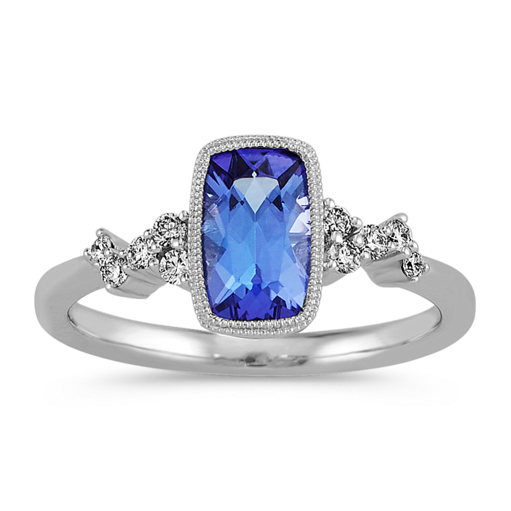Cushion Cut Blue Tanzanite and Round Diamond Ring