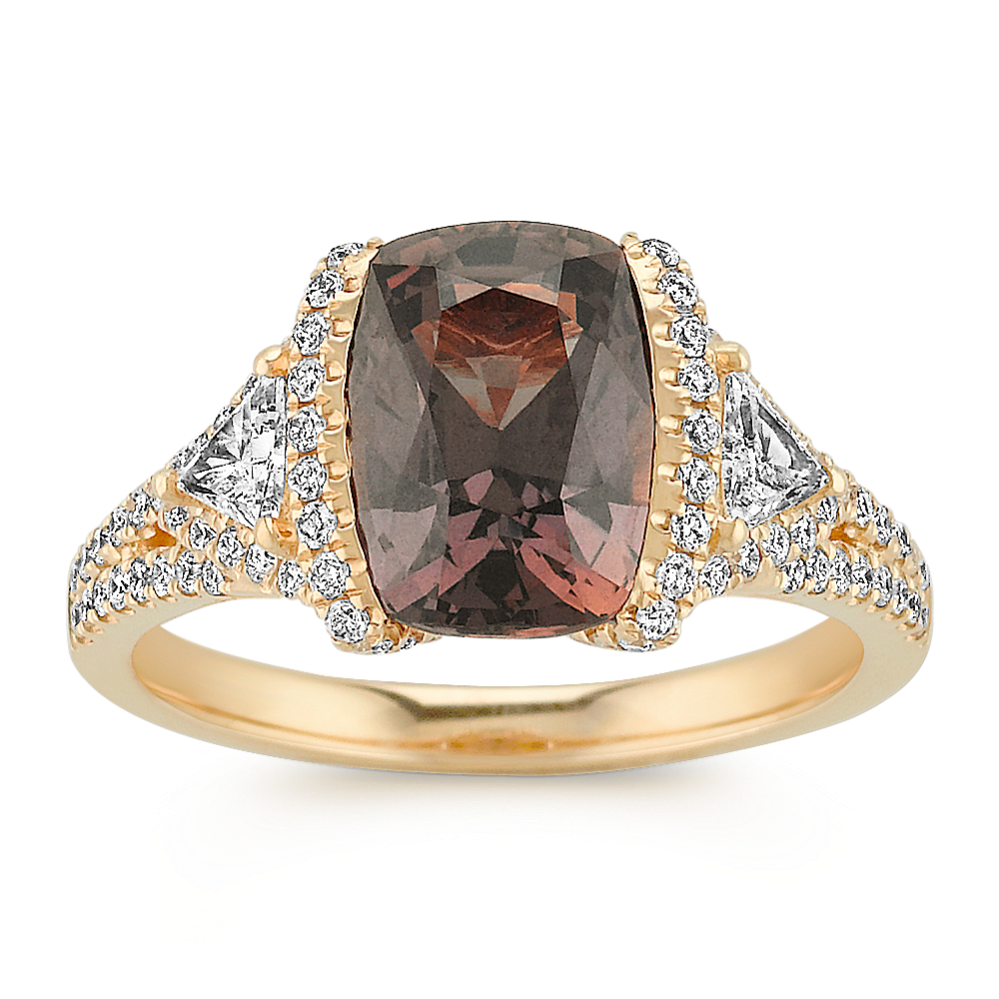 Cushion Cut Cognac Sapphire, Trillion and Round Diamond Fashion Ring