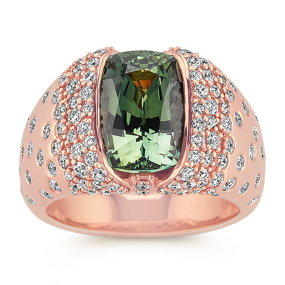 Cushion Cut Green Sapphire and Diamond Ring in Rose Gold Shane Co.