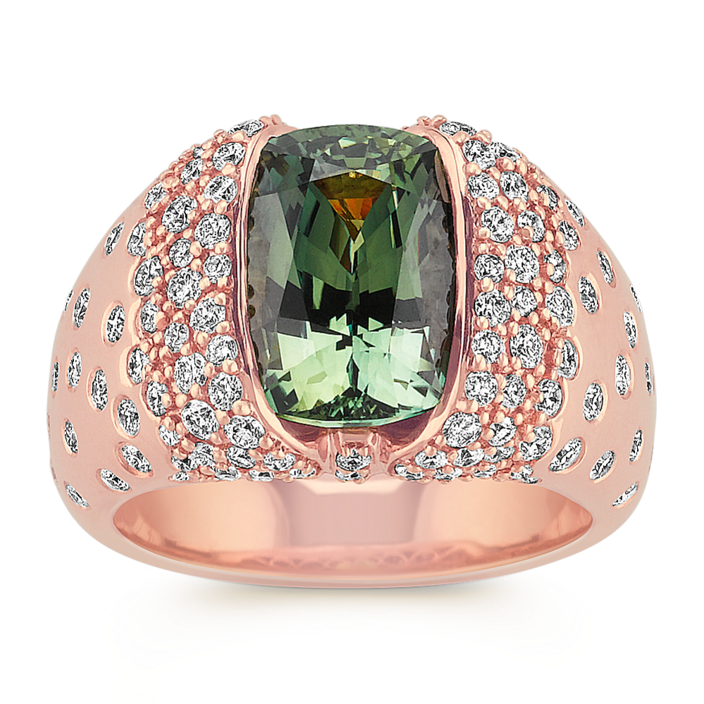 Cushion Cut Green Sapphire and Diamond Ring in Rose Gold