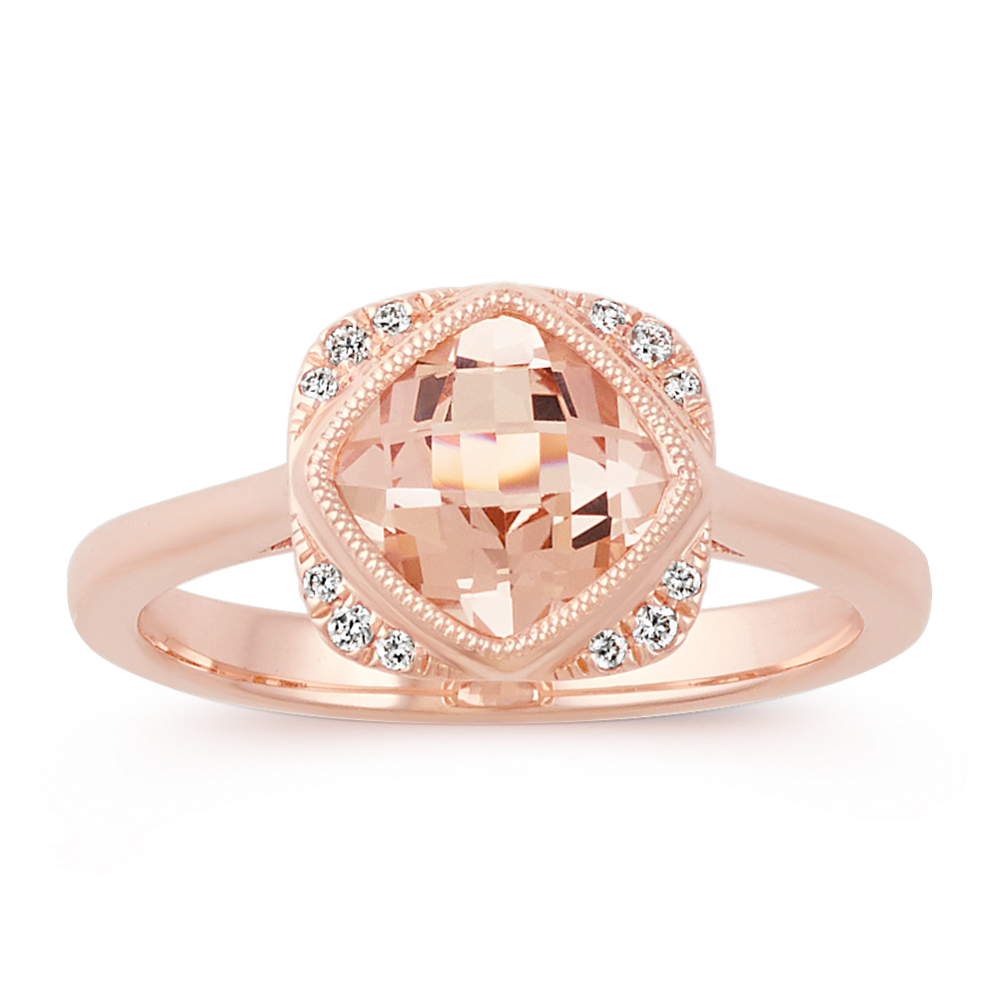 Cushion Cut Morganite and Round Diamond 14k Rose Gold Ring