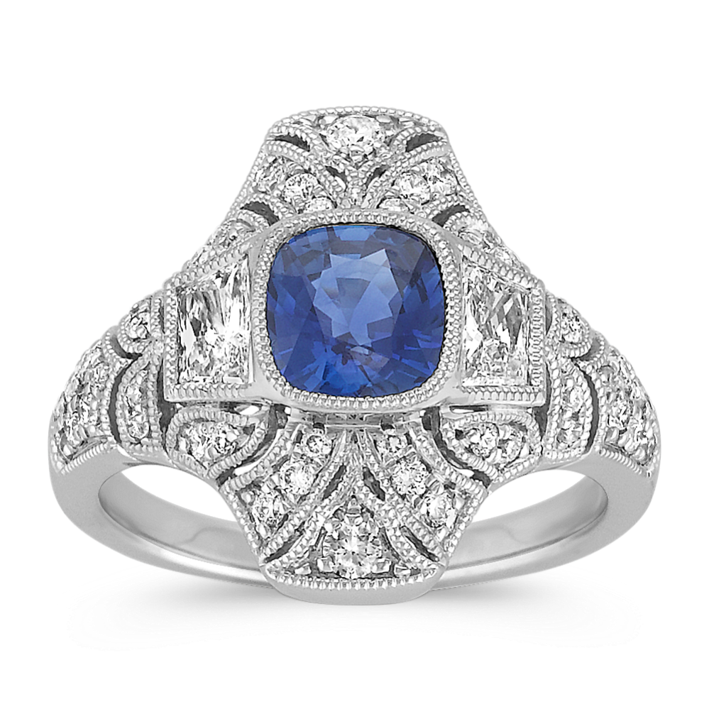 Cushion Cut Traditional Sapphire, Trapezoid and Round Diamond Ring