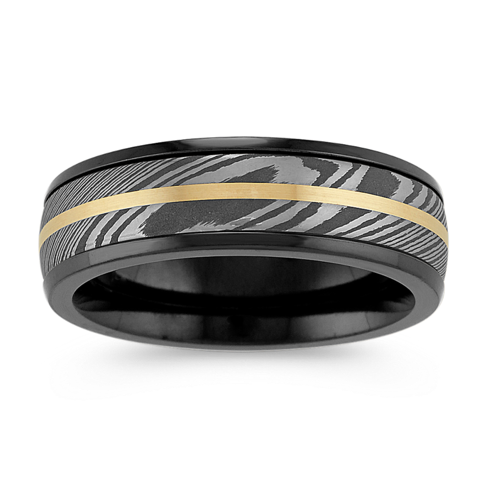 Damascus Steel, Black Zirconium and 14k Yellow Gold Mens Ring (7mm)