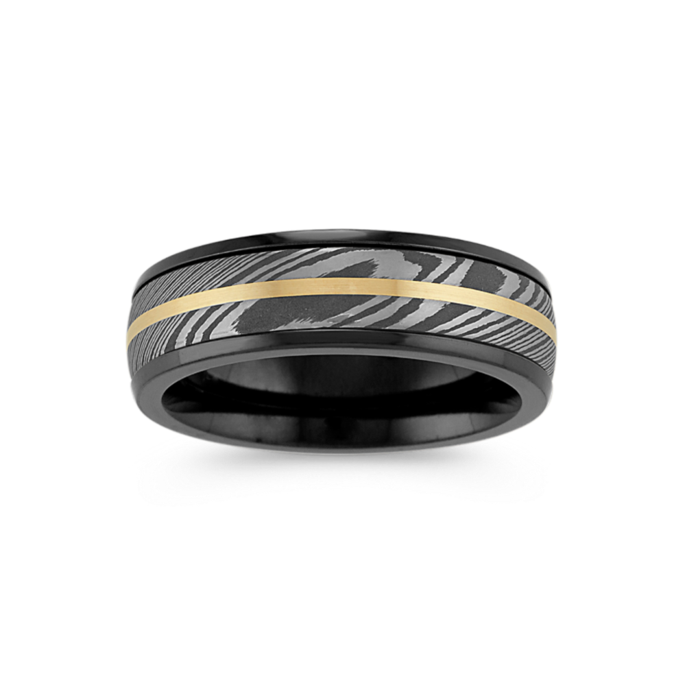 Damascus Steel, Black Zirconium and 14k Yellow Gold Mens Ring (7mm)