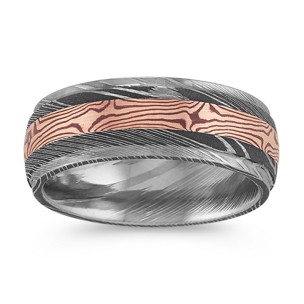 Damascus Steel Ring with 14k Rose Gold Accent (8mm)