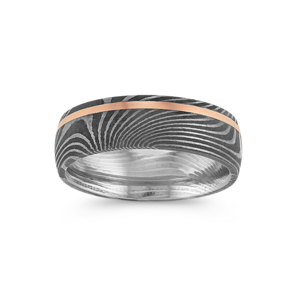 Stainless Damascus Flat Band with Offset 14k Rose Gold Inlay