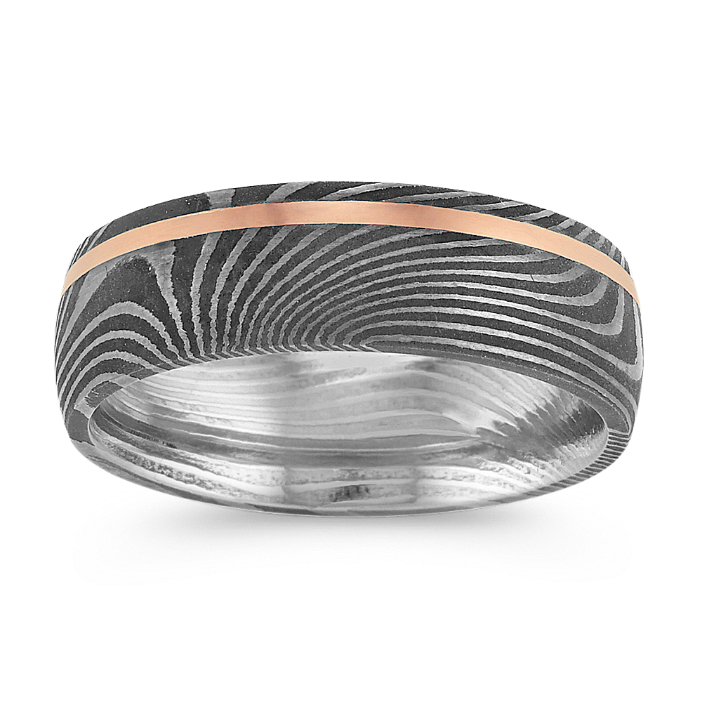 Damascus Steel and 14k Rose Gold Ring 7mm Shane Co
