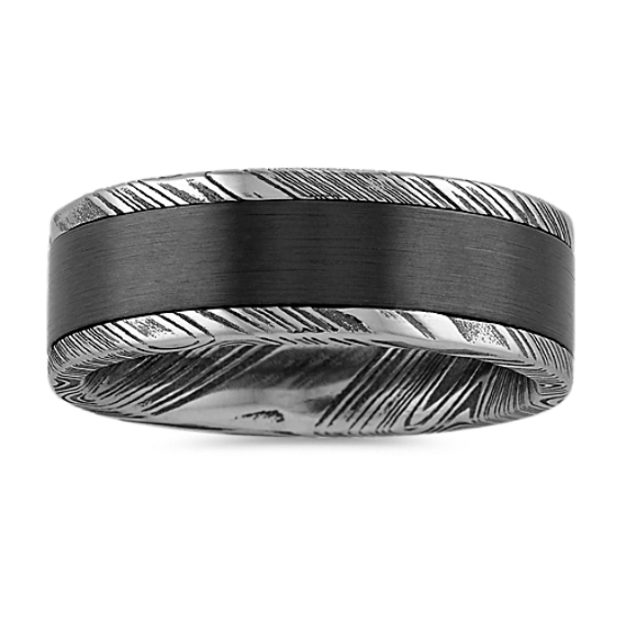 Damascus Steel and Black Zirconium Mens Band (6mm)