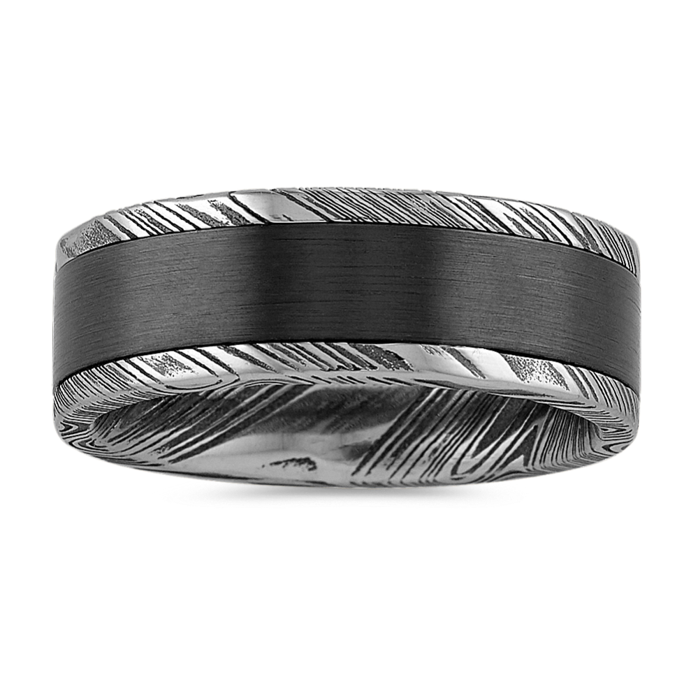 Damascus Steel and Black Zirconium Mens Band (6mm)