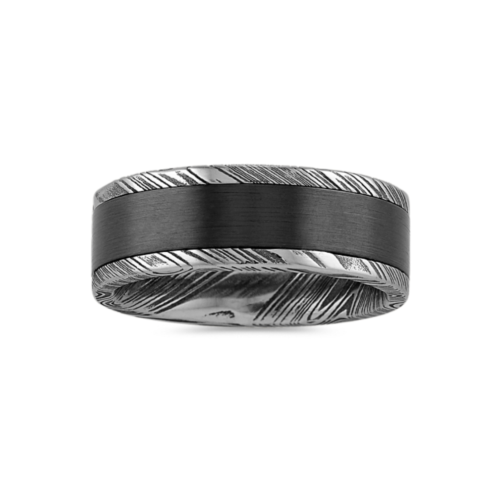 Damascus Steel and Black Zirconium Mens Band (8mm)