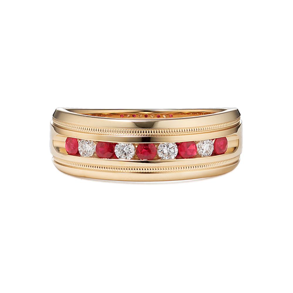 Diamond and Ruby Mens Band in 14k Yellow Gold (7mm)