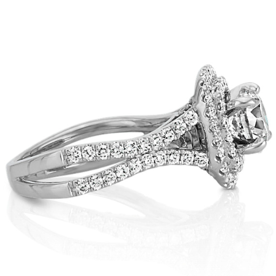 Double Cushion Halo Round Diamond Split Shank Engagement Ring