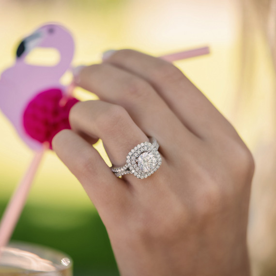 Double Cushion Halo Round Diamond Split Shank Engagement Ring