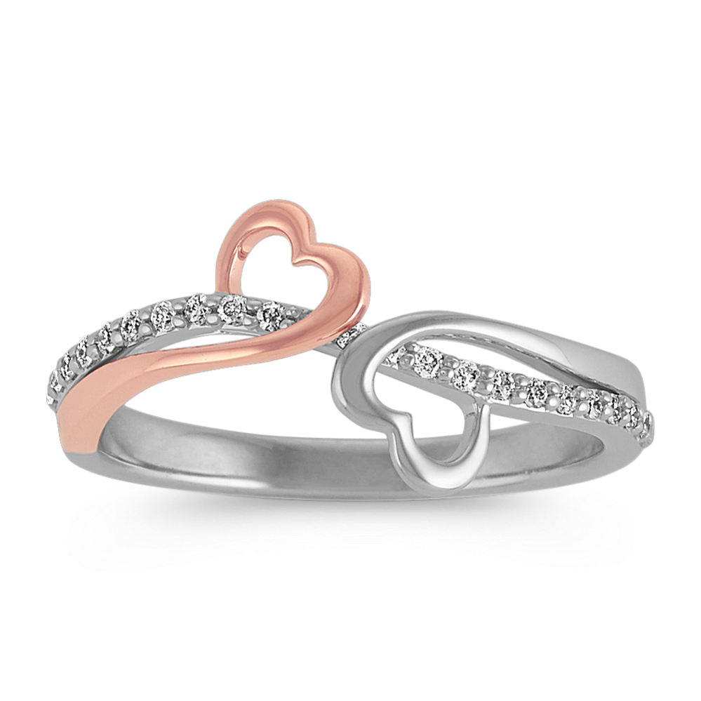 Double Heart Diamond Ring in 14k Rose Gold and Sterling Silver