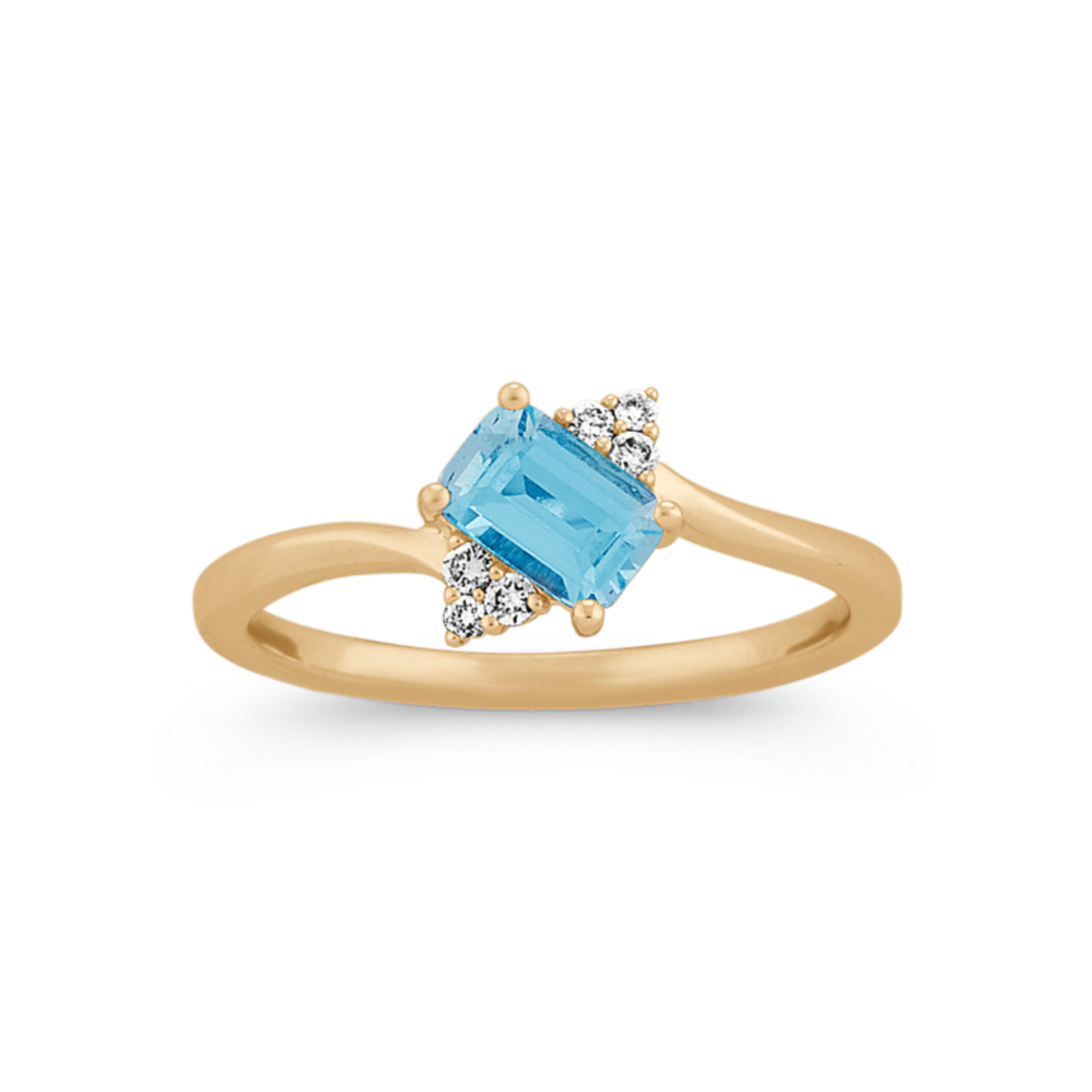 Emerald Blue Topaz and Diamond Ring 14k Yellow Gold