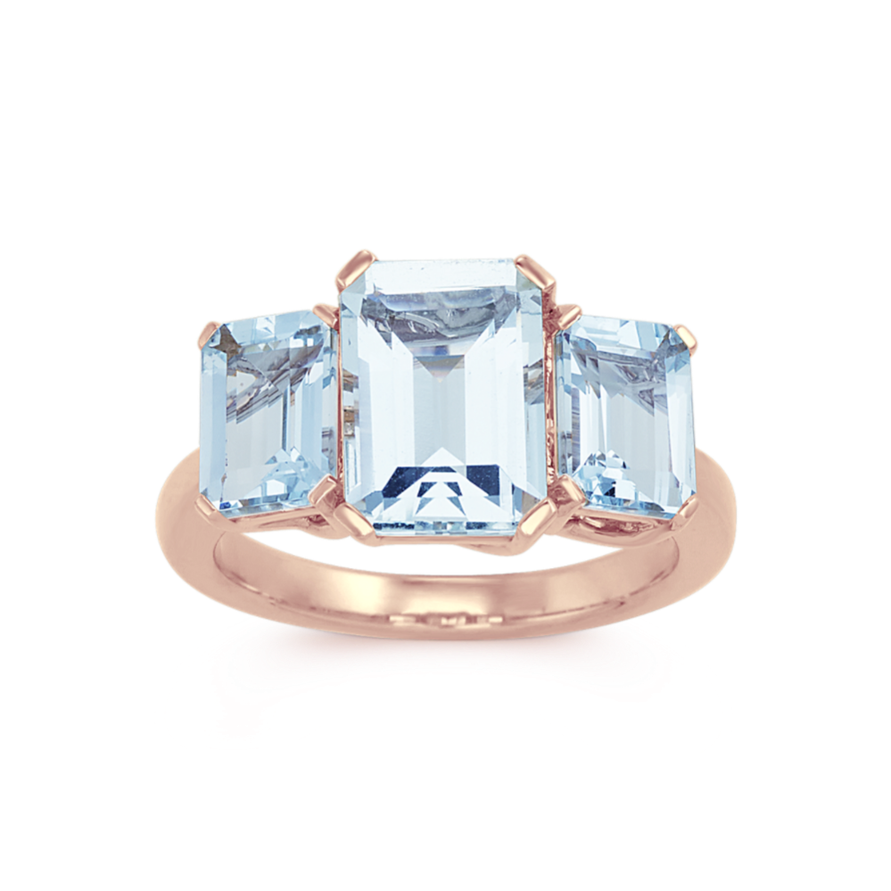Emerald Cut Aquamarine Three-Stone Ring in 14k Rose Gold