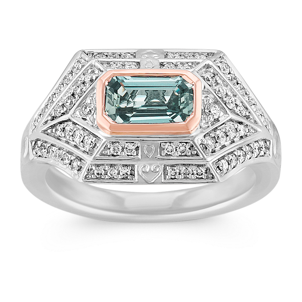 Emerald Cut Blue Green Sapphire and Diamond Ring in 14k White and Rose Gold