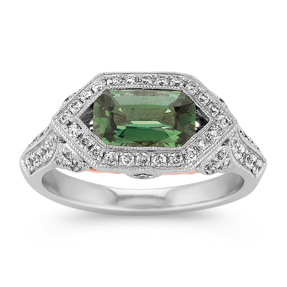 Emerald Cut Green Sapphire and Diamond Ring in 14k White and Rose Gold