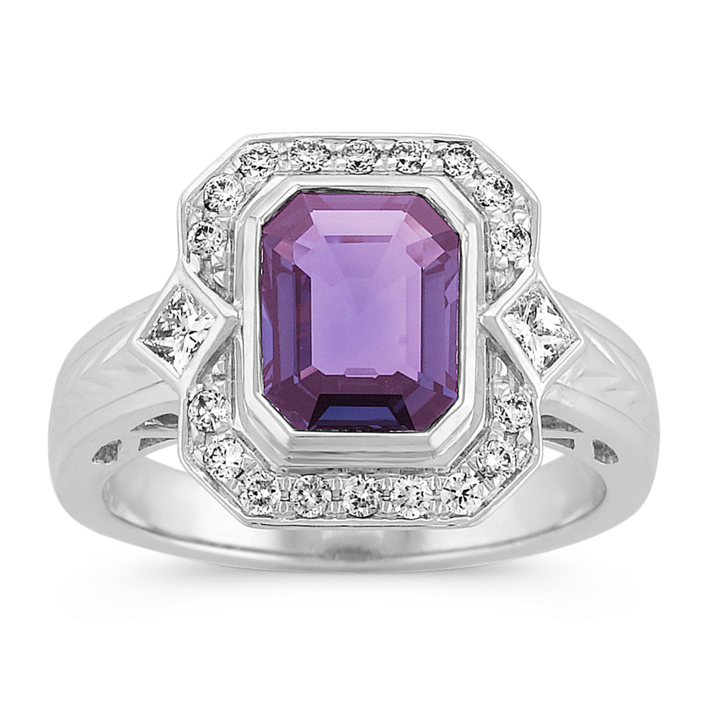 Emerald Cut Lavender Sapphire, Princess Cut and Round Diamond Ring