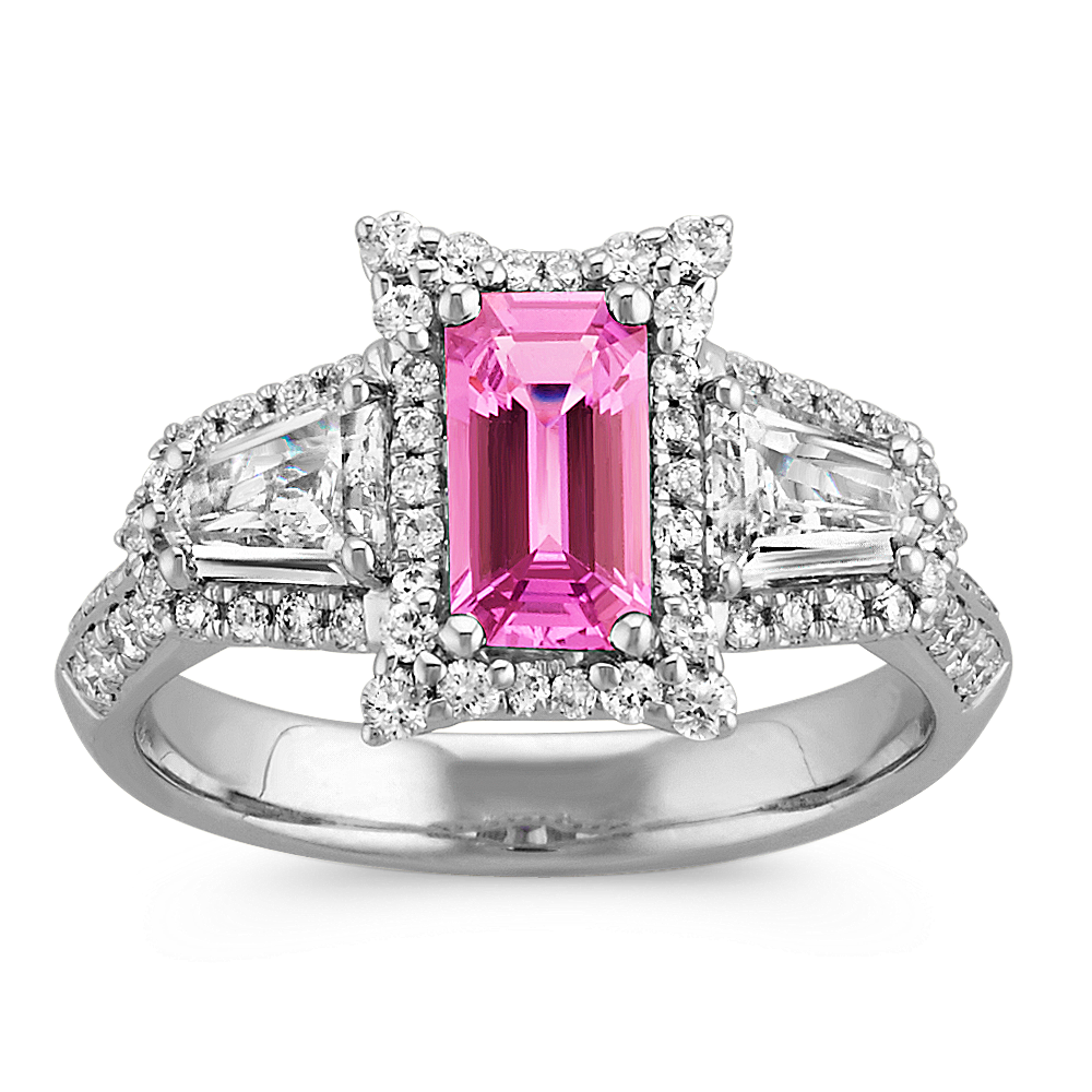 Emerald Cut Raspberry Sapphire, Shield-Shaped and Round Diamond Ring ...